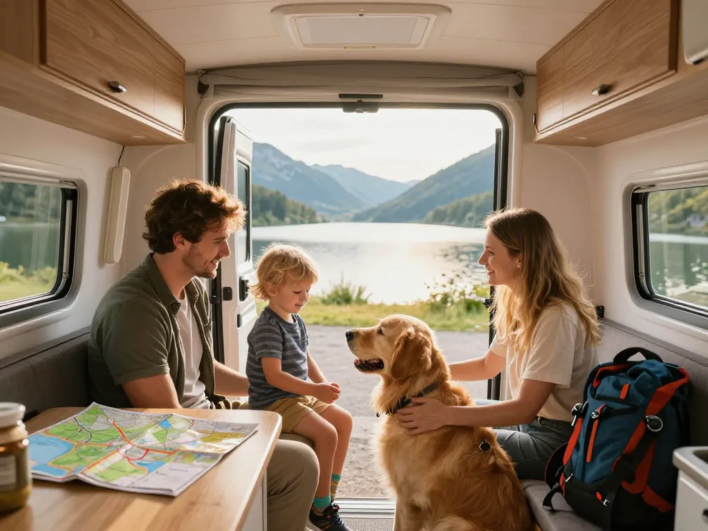 Une famille souriante avec un jeune enfant et un chien installés dans un van aménagé devant un lac de montagne au coucher du soleil.